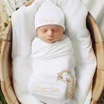 Personlig gull firkantet ramme navn giraff myk baby bodysuit mottakende teppe swaddle lue sett bursdag baby shower gave til nyfødte
