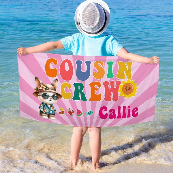 Personalized Cute Hawaiian Animal Design Cousin Crew Quick Dry Oversized Beach Towel with Name Summer Holiday Travel Essentials Gift for Family Kids