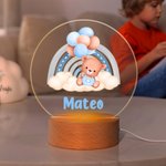 Personalised Rainbow Balloon Baby Teddy Bear Name LED Night Light with Wooden Base Nursery Decor Baby Shower Birthday Gift for Kids