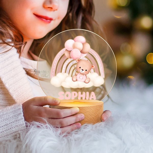Personlig regnbågsballong Baby Teddy Bear Namn LED-nattlampa med träbas Nursery Decor Baby Shower Födelsedagspresent för barn