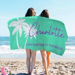 Personlig mångfärgad palmträd superabsorberande överdimensionerad strandhandduk med namn och text Sommarsemester Bröllop Bachelorette Party Present för kvinnor