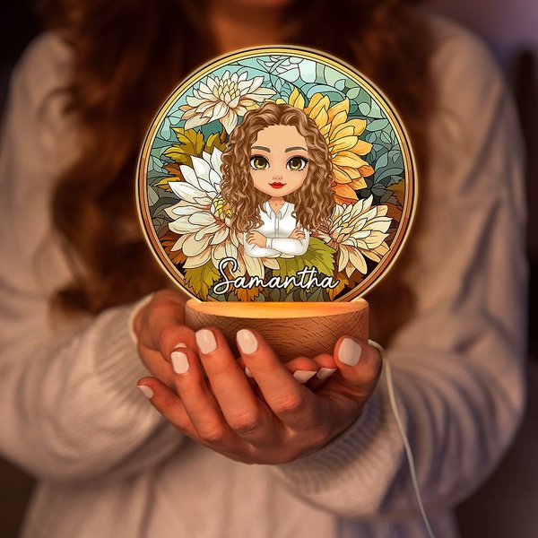 Personlig, kunstig farget glass tegneserie fødselsblomst LED-nattlys med trebunn og navn Morsdag Bursdagsgave til mamma bestemor