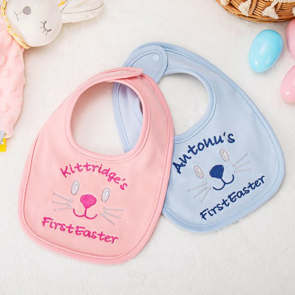 Personalized First Easter Cute Bunny Face 100% Cotton Baby Bib with Name Feeding Accessory Easter Gift for Newborn