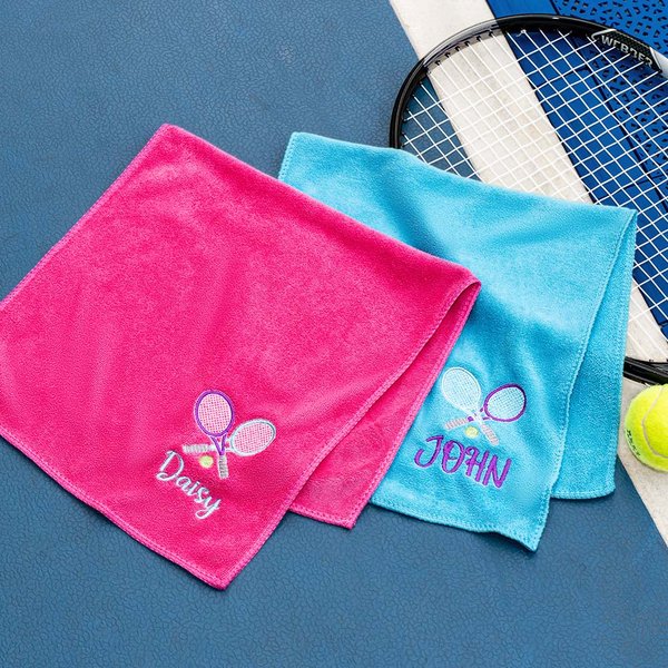Personalised Multicolour Embroidered Tennis Racket Towel with Name Sports Accessory Team Birthday Gift for Tennis Player Coach