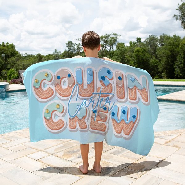 Personalized Ice Cream Cousin Crew Oversized Quick Dry Microfiber Beach Towel with Name Summer Travel Essentials Birthday Gift for Family Kids