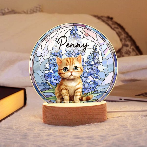 Ritratto personalizzato dell'animale domestico Fiore di nascita in vetro colorato Luce notturna a LED in acrilico con nome e base in legno Regalo di compleanno commemorativo per il proprietario dell'a