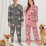 Personalised Cute Paw 1-5 Pet Face Photo Avatar Long-Sleeved Pyjamas Set with Name Birthday Gift for Women Men Pet Lover
