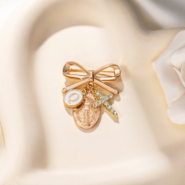 Personalized Virgin Mary Bow Cross Brooch Pin with Initial Christian Baptism Gift for Women Christians