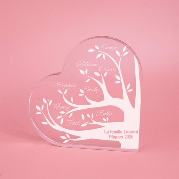 Plaque en Acrylique Personnalisée avec Noms et Textes Gravés Arbre Généalogique en Forme de Cœur Cadeau Anniversaire Fête de Pâques pour Grand-parents