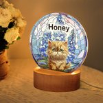 Ritratto personalizzato dell'animale domestico Fiore di nascita in vetro colorato Luce notturna a LED in acrilico con nome e base in legno Regalo di compleanno commemorativo per il proprietario dell'a