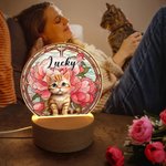 Ritratto personalizzato dell'animale domestico Fiore di nascita in vetro colorato Luce notturna a LED in acrilico con nome e base in legno Regalo di compleanno commemorativo per il proprietario dell'a