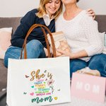 Personalized She Is Strong Birth Flower Butterflies Reusable Canvas Bag with Nickname and Leather Handle Birthday Mother’s Day Gift for Women