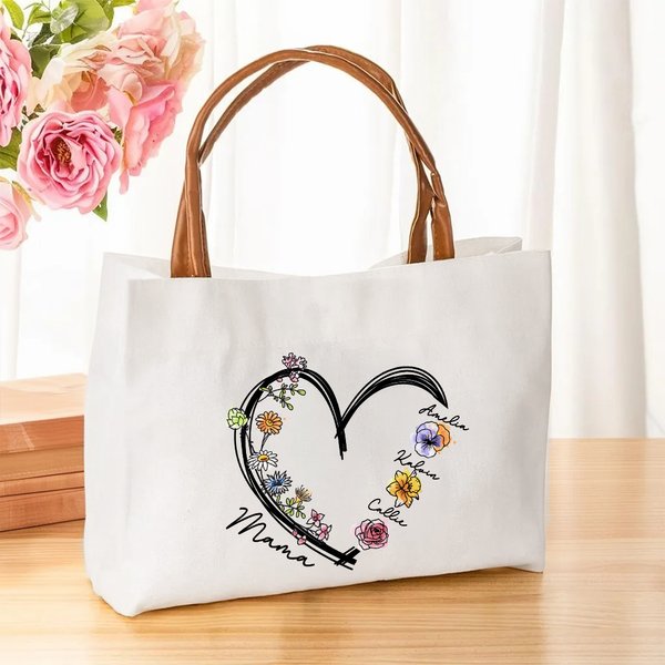 Personalized Heart Watercolour Birth Flower Canvas Tote Bag with 1-6 Kid Names and Leather Handle Birthday Mother's Day Gift for Mom Grandma