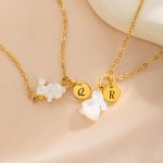 Personalised White Shell Rabbit Necklace with Initial Discs Lucky Rabbit Jewellery Easter Gift for Women Girls