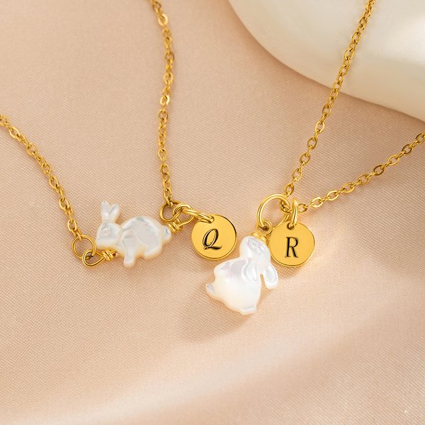 Personalised White Shell Rabbit Necklace with Initial Discs Lucky Rabbit Jewellery Easter Gift for Women Girls