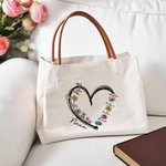 Personalized Heart Watercolor Birth Flower Canvas Tote Bag with 1-6 Kid Names and Leather Handle Birthday Mother's Day Gift for Mom Grandma