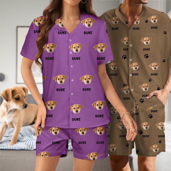 Personalizzato Cane Gatto Foto Multicolore Pigiama manica corta abbinato a pantaloncini con nome Regalo di compleanno per donne uomini amanti degli animali domestici