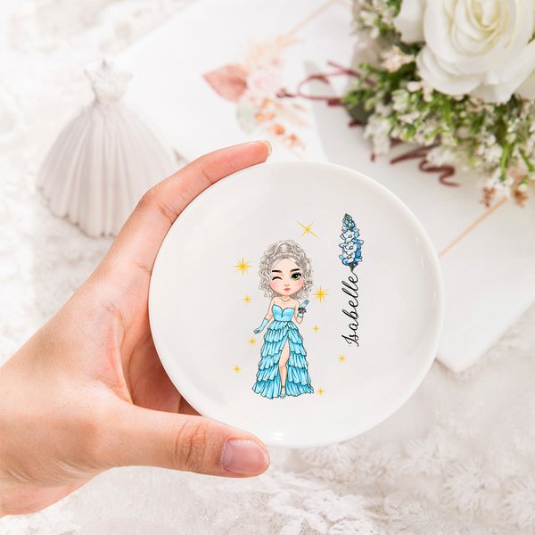 Personalized Prom Queen Birth Flower Ceramic Trinket Jewelry Dish with Name Birthday Wedding Engagement Gift for Girls Women