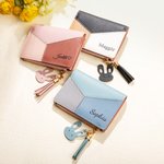 Personalised Cute Rabbit Tricolour Patchwork Portable Name PU Leather Wallet with Zipper and Card Holder Birthday Gift for Women Girls