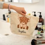 Personalized Highland Cow Cotton Zippered Makeup Bag with Name Portable Travel Accessories Birthday Gift for Women Highland Cow Lovers