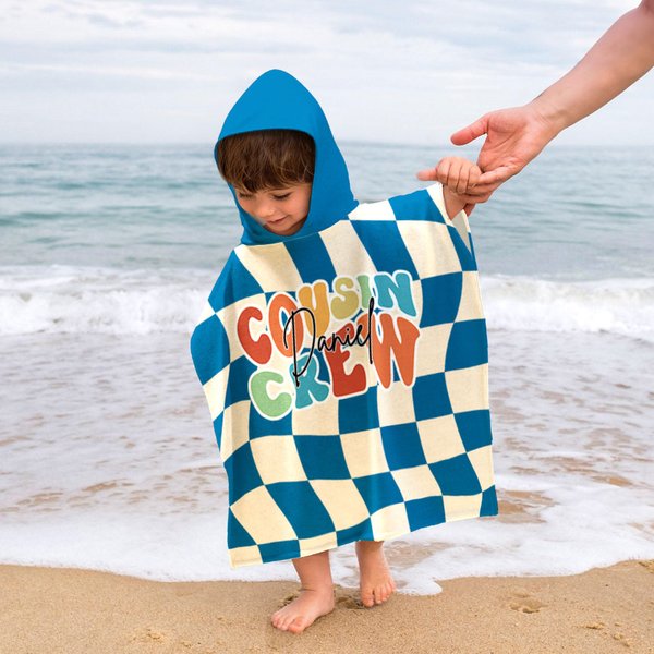 Personalised Cousin Crew Checkerboard Spiral Ray Soft Quick Dry Kid Hooded Beach Towel with Name Summer Essential Birthday Gift for Kids
