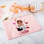 Bolso de maquillaje de lienzo personalizada con dibujo de chica lápiz labial y nombre regalo de cumpleaños portátil para mujeres y damas de honor