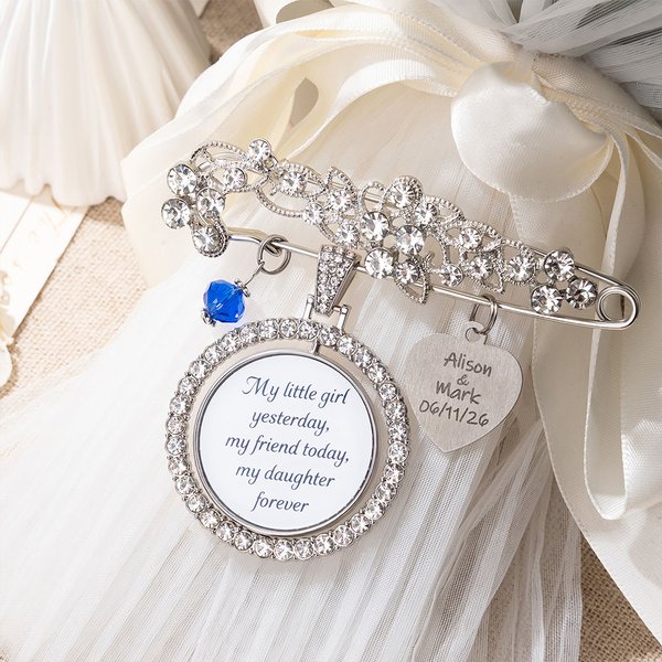 Personalized Bling Rhinestone Pearl Something Blue Engraved Bouquet Charm Pin Brooch with Photo Disc and Heart Charm Wedding Memorial Gift for Bride