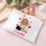 Bolso de maquillaje de lienzo personalizada con dibujo de chica lápiz labial y nombre regalo de cumpleaños portátil para mujeres y damas de honor
