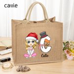 Personalizzato Natale personaggio dei cartoni animati riutilizzabile nome alce pupazzo di neve borsa di iuta con iniziale Natale regalo di compleanno per la famiglia amico