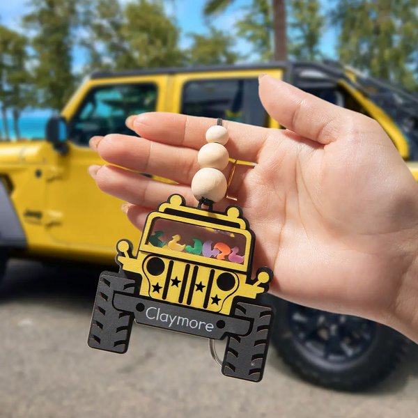 Personalised Duck Jeep Car Beaded Double-sided Printing Hanging Wood Ornament with Initial & Name Rear View Mirror Christmas Tree Decor for Jeep Lover