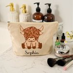 Personalized Highland Cow Cotton Zippered Makeup Bag with Name Portable Travel Accessories Birthday Gift for Women Highland Cow Lovers