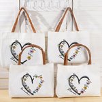 Personalized Heart Watercolor Birth Flower Canvas Tote Bag with 1-6 Kid Names and Leather Handle Birthday Mother's Day Gift for Mom Grandma