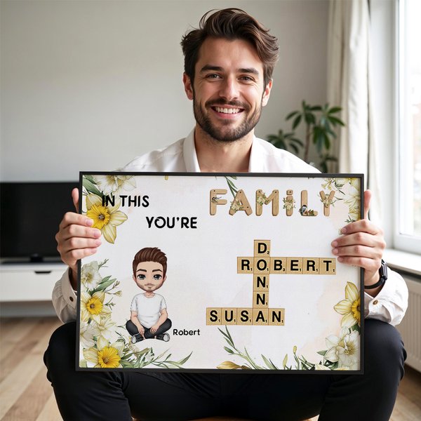Personnalisé Naissance Fleur Cartoon Nom des membres de la famille Mots croisés Poster en toile encadré Peinture sans cadre Décoration de la maison Cadeau d'anniversaire pour la famille