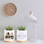 Pot de Fleurs Céramique Personnalisé avec Textes et 4 Photos de Collage Socle en Bambou Cadeau Fête des Mères Anniversaire pour Maman Mamie Famille