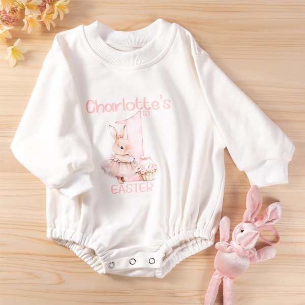 Personalized Cute Bunny 1st Easter 100% Cotton Long Sleeve Baby Bodysuit Matching Headband and Socks with Name Easter Party Birthday Gift for Newborns