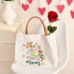 Personalized She Is Strong Birth Flower Butterflies Reusable Canvas Bag with Nickname and Leather Handle Birthday Mother’s Day Gift for Women