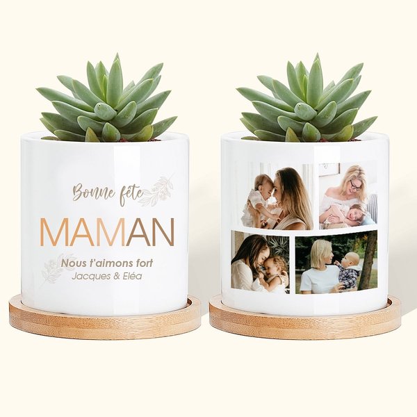 Pot de Fleurs Céramique Personnalisé avec Textes et 4 Photos de Collage Socle en Bambou Cadeau Fête des Mères Anniversaire pour Maman Mamie Famille