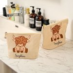 Personalized Highland Cow Cotton Zippered Makeup Bag with Name Portable Travel Accessories Birthday Gift for Women Highland Cow Lovers