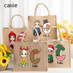 Personalizzato Natale personaggio dei cartoni animati riutilizzabile nome alce pupazzo di neve borsa di iuta con iniziale Natale regalo di compleanno per la famiglia amico