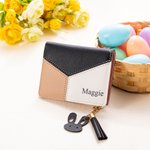 Personalised Cute Rabbit Tricolour Patchwork Portable Name PU Leather Wallet with Zipper and Card Holder Birthday Gift for Women Girls
