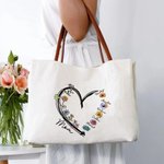 Personalized Heart Watercolor Birth Flower Canvas Tote Bag with 1-6 Kid Names and Leather Handle Birthday Mother's Day Gift for Mom Grandma