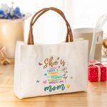 Personalized She Is Strong Birth Flower Butterflies Reusable Canvas Bag with Nickname and Leather Handle Birthday Mother’s Day Gift for Women