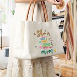 Personalized She Is Strong Birth Flower Butterflies Reusable Canvas Bag with Nickname and Leather Handle Birthday Mother’s Day Gift for Women