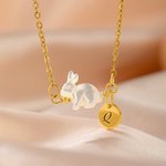 Personalised White Shell Rabbit Necklace with Initial Discs Lucky Rabbit Jewellery Easter Gift for Women Girls