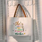 Personalized She Is Strong Birth Flower Butterflies Reusable Canvas Bag with Nickname and Leather Handle Birthday Mother’s Day Gift for Women