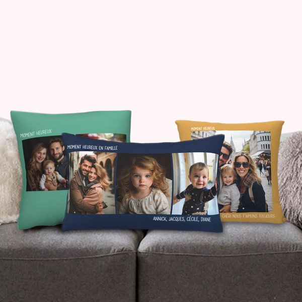 Taie d'Oreiller Personnalisée avec 1 à 3 Photos et Textes Cadeau Anniversaire Pendaison de Crémaillère pour Couples Familles