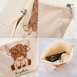 Personalized Highland Cow Cotton Zippered Makeup Bag with Name Portable Travel Accessories Birthday Gift for Women Highland Cow Lovers