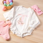 Personalized Cute Bunny 1st Easter 100% Cotton Long Sleeve Baby Bodysuit Matching Headband and Socks with Name Easter Party Birthday Gift for Newborns