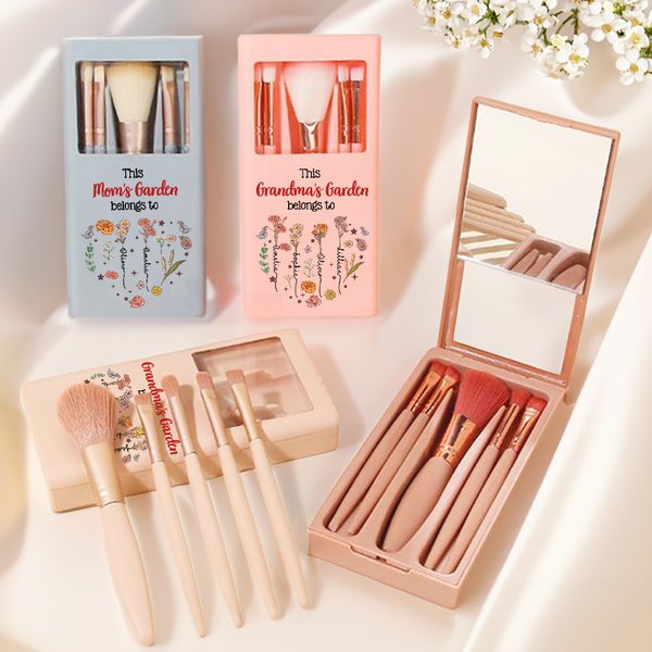 Personalized 1-12 Birth Flowers Names Makeup Brush Box Set with 5 Pcs Brushes and Mirror Travel Accessories Mother's Day Gift for Mom Grandma