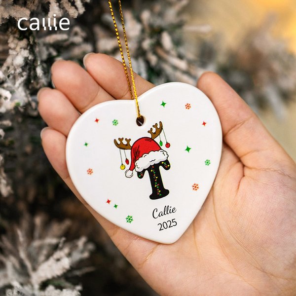 Personalised Christmas Hat Antlers Design Ceramic Ornament with Letter and Name Tree Hanging Home Decoration Christmas Gift for Family Friends